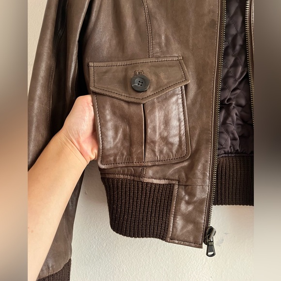 100% genuine brown leather bomber aviator jacket removable shearling collar - Picture 9 of 14